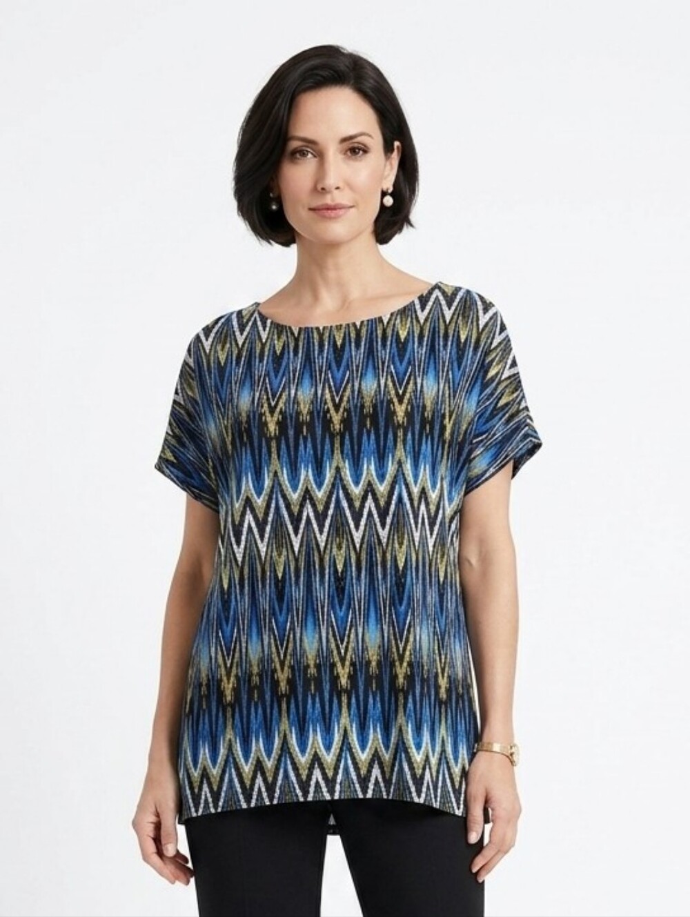 J.Jill Wearever Geometric Ikat Short Sleeve Oversized Top, Boho Chic, M/L Petite